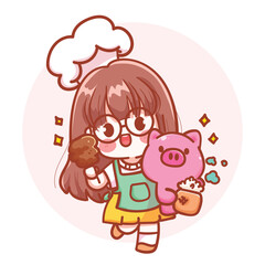 Charming vendor selling grilled pork skewers, standing with a small piglet in one arm and holding skewers in the other hand. Hand-drawn illustration and vector