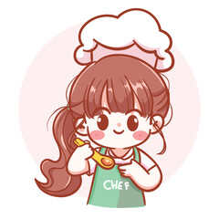Charming female chef about to taste her food. Hand-drawn illustration and vector