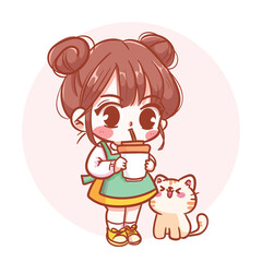 Charming young girl standing and drinking from a glass, with a cute little cat sitting beside her. Hand-drawn illustration and vector