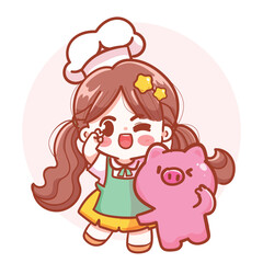 Vendor selling grilled pork skewers dressed in a chef's outfit, standing with a peace sign and a cute piglet. Hand-drawn illustration and vector