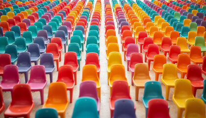 Fototapeta premium Colorful plastic chairs arranged in rows from an elevated angle, with bright lighting and a neutral background