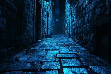 Dark and grim dungeon alley with eerie atmosphere, shadowy textures, and mysterious backdrop, perfect for cinematic scenes, new beautiful stock image illustration AI