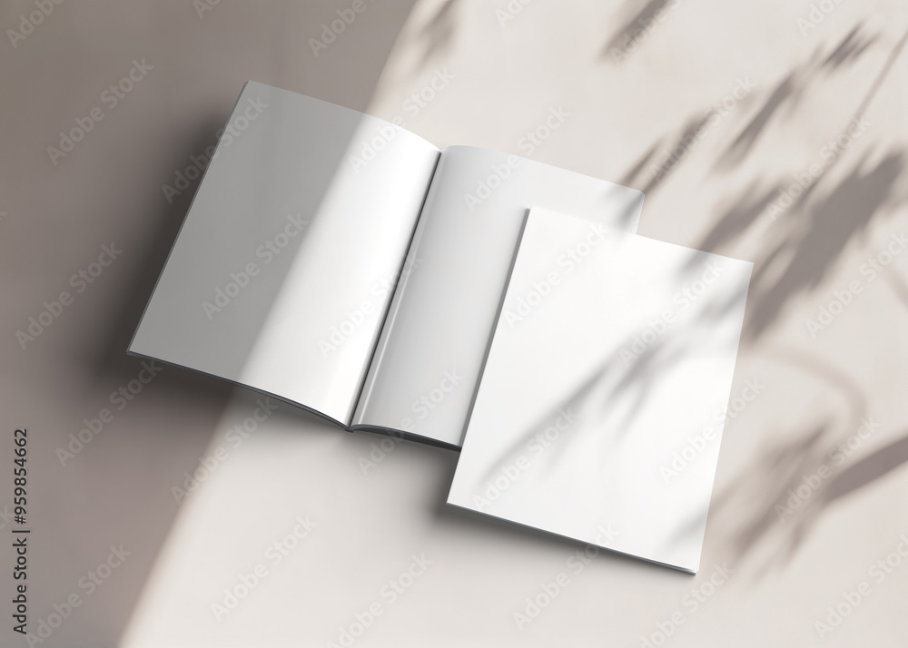 Wall mural isolated magazine cover and open magazine mockup on white background with soft shadows. 3d rendering