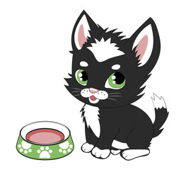 Cute small black and white kitten with a bowl of cat food . Cartoon vector illustration, isolated on white.