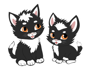 Two cute small black and white kittens. Cartoon vector illustration, isolated on white.