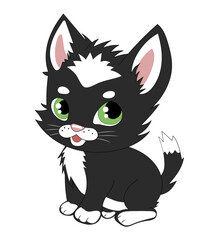 Cute small black and white kitten. Cartoon vector illustration, isolated on white.