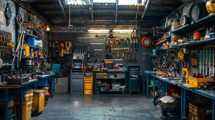 Fototapeta premium A Well-Equipped Car Repair Shop Filled with Tools for Automotive Mastery and Precision Work