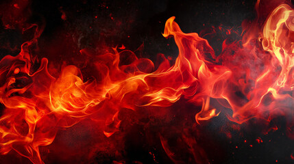 Dynamic orange and red flames lick upwards against a deep black background, creating a sense of power and destruction