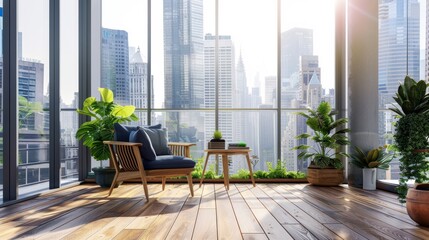 A cozy urban living space with a large window showing a breathtaking cityscape, adorned with lush indoor plants and comfortable seating.