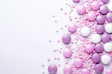 A Colorful Assortment of Various Pink and Purple Candies beautifully arranged on a White Background for a stunning visual impact