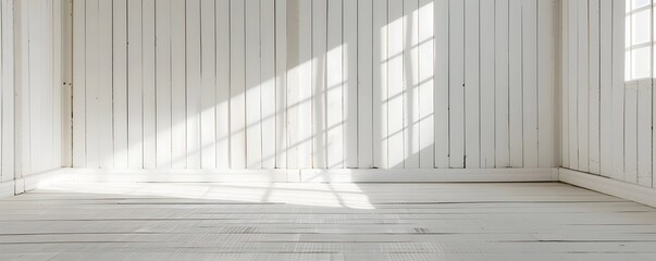 Obraz premium Classic White Shiplap Wall with Natural Shadows for Farmhouse Decor Mockup Background