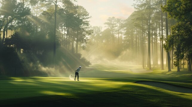 A lone golfer prepares for a swing on a misty morning, surrounded by tall pines and golden sunlight filtering through the trees.
