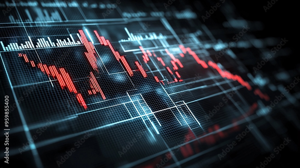 Poster digital graph showing sharp declines in interest rates, global financial crisis concept