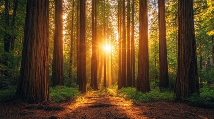 Golden Hour in Redwood Forest: A breathtaking sunset bathes the towering redwoods in a warm, golden glow, creating a magical and serene atmosphere. The sun's rays pierce through the dense canopy.