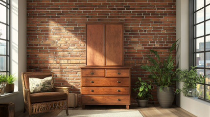 "Chest of drawers made of wood with a folding screen beside it, set against a brick wall in the living room."







