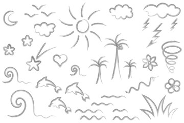 Beach set. Sketch. Hand drawn watercolor drawings. Vector illustration. Marine collection: dolphins, palm trees, sun, waves, thunderstorm, shooting star. Outline on isolated white background. 