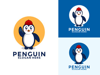Cute Penguin Waving Hand Logo Cartoon Vector Icon Illustration, Penguin Logo vector template