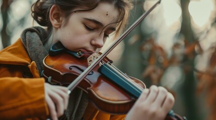 Fototapeta premium A young violinist is absorbed in playing her instrument, lost in the music amid autumn woods.
