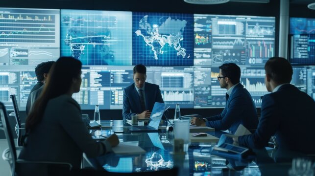 Executives in a high-tech conference room analyze data on large digital screens during an intense business meeting.