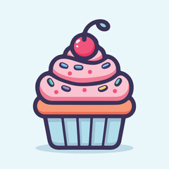 Delicious Cupcake with Whipped Cream and Cherry Sweet Dessert Vector Illustration