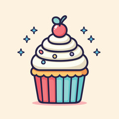 Delicious Cupcake with Whipped Cream and Cherry Sweet Dessert Vector Illustration