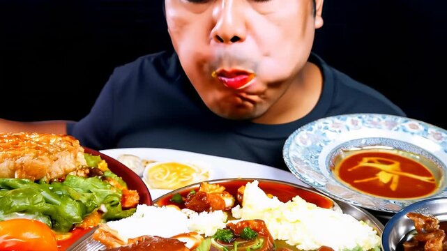 person participating in a mukbang, surrounded by a variety of dishes including rice, soup, and vegetables, eating energetically.