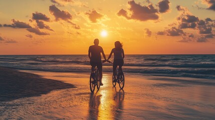 Fototapeta premium Couple riding bicycles hand in hand along the beach during a vibrant sunset by the ocean