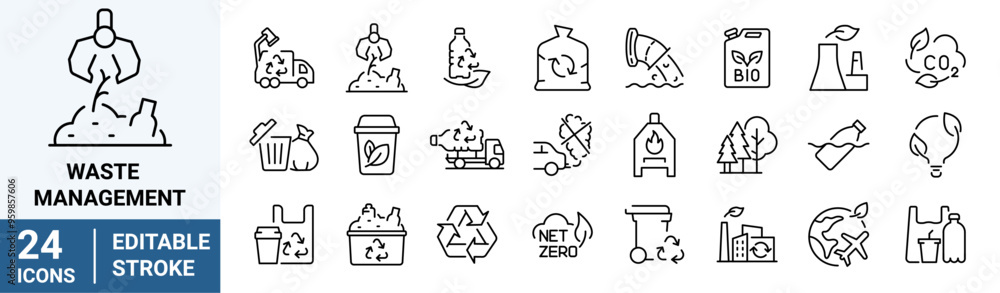 Poster waste management web line icon. recycling waste. garbage disposal. trash separation, waste sorting w