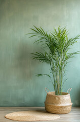 Fototapeta premium Tranquil Mint Green Wall Adorned with Woven Textiles and a Cream Backdrop for Elegant Interiors