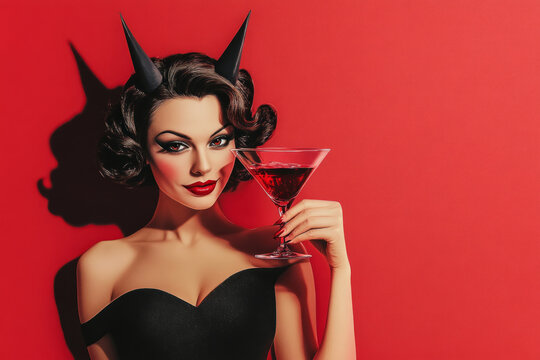 A vintage style illustration of a woman dressed as the devil holding a cocktail. Halloween party