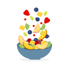 Assorted fruits falling into a bowl. Healthy snack, kiwi, peach, strawberry, grape, blueberry, nectarine, mango. Organic, healthy food, breakfast. Vector illustration, flat style.