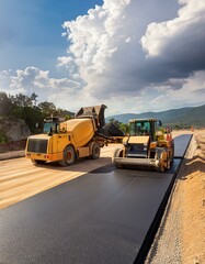 Construction site with tools and equipment. The road is being newly asphalted. Asphalt, soil, and highway.