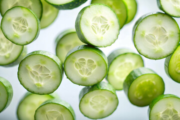 A close up of cucumber slices with the idea of a healthy snack. Scene is light and cheerful, as the slices are arranged in a way that makes them look like they are floating in the air