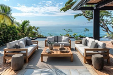 Fototapeta premium Teak wood outdoor furniture set with gray cushions, featuring sofa, chairs, and table on a coastal terrace with ocean view and tropical plants.