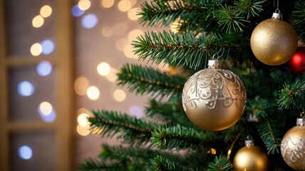 Obraz premium Tree with ornaments and bokeh effect background