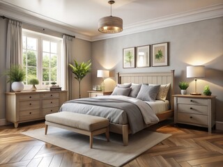 Fototapeta premium A compact yet cozy bedroom interior features thoughtfully arranged furniture, including a bed, dresser, and nightstand,