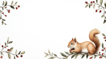 Fototapeta premium Squirrel rolling on a leaf, surrounded by delicate botanical borders, watercolor nature illustration, white background with space for text