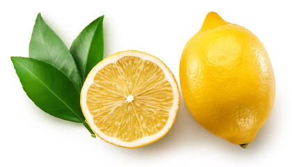 Whole and half sliced lemon with green leaves isolated on white background