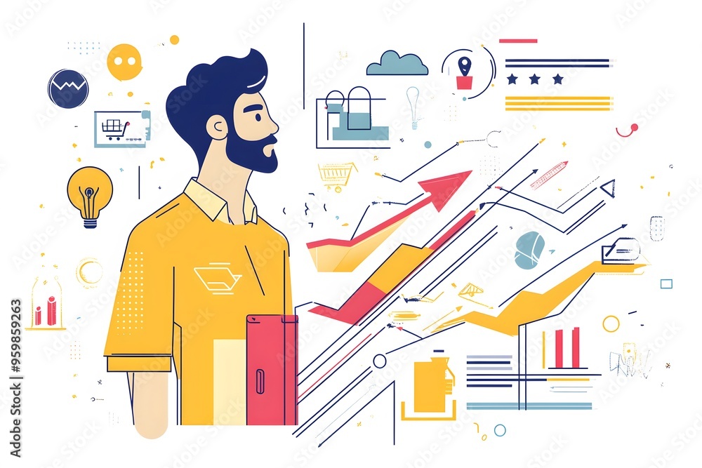 Poster man with beard looking at upwards arrow graph with abstract business symbols