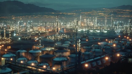 Obraz premium A vast industrial cityscape at dusk, illuminated by countless lights, showcasing the complexity and scale of modern infrastructure.
