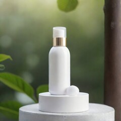 Minimalist White Cosmetic Bottle on Nature Background mockup	