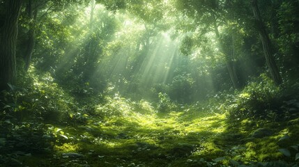 Fototapeta premium Sunlit Forest Path: Mystical sunbeams pierce the verdant canopy of a lush forest, illuminating a mossy path that winds invitingly into the tranquil depths. Discover serenity and wonder.