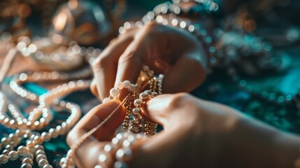 Hands delicately handling sparkling pearls and jewelry, set against a richly textured background, emphasizing luxury and elegance.