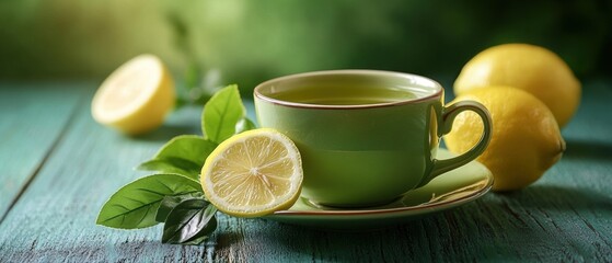 Green Tea with Lemon on Wooden Table