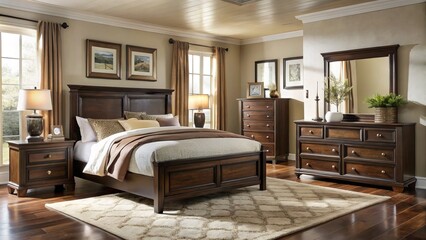 Naklejka premium A Cozy and spacious bedroom furniture set awaits in Edmonton, providing the perfect backdrop for creating a peaceful