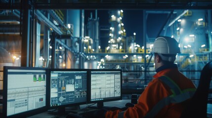 A worker in a high-visibility jacket and hard hat monitors multiple screens in an industrial control room filled with complex instrumentation and machinery.