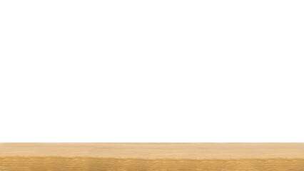 Wood table top or wooden empty shelf isolated on png background for product display. Kitchen countertop or wooden desk from front view. 