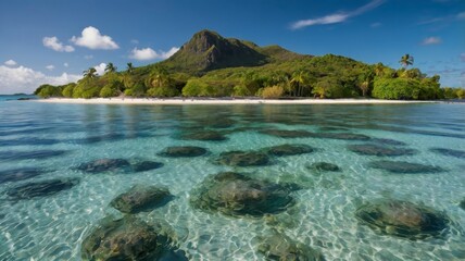 Fototapeta premium Tropical island lagoon featuring a sailing boat