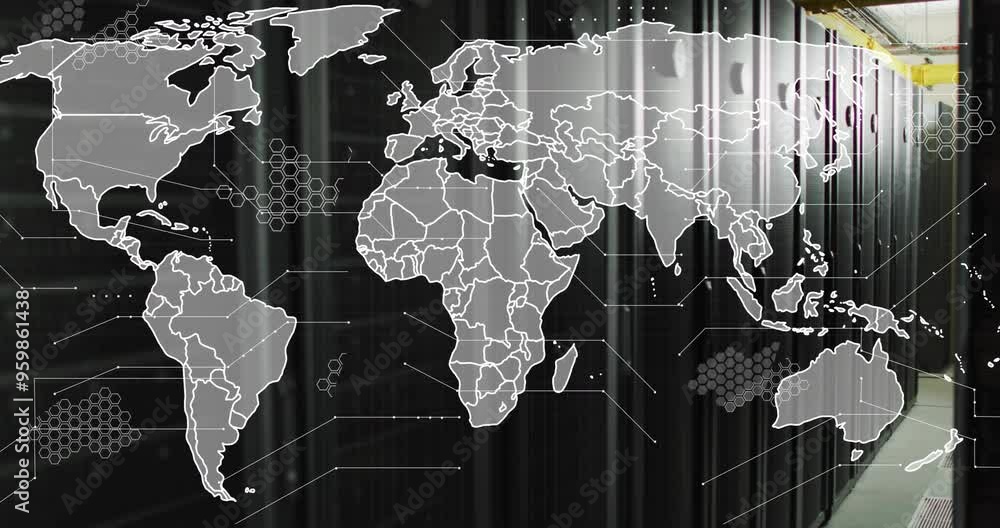 Poster world map with network connections animation over server room background
