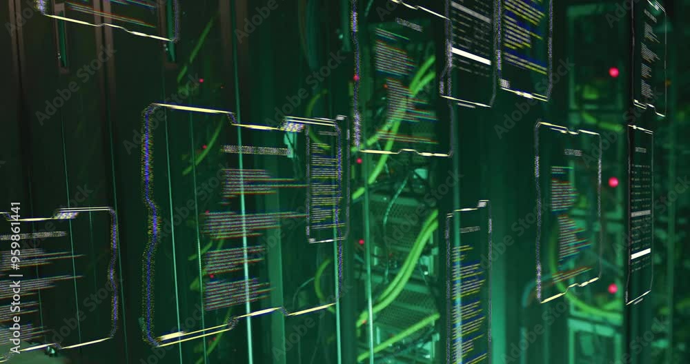Poster data processing animation over server racks with green cables and lights